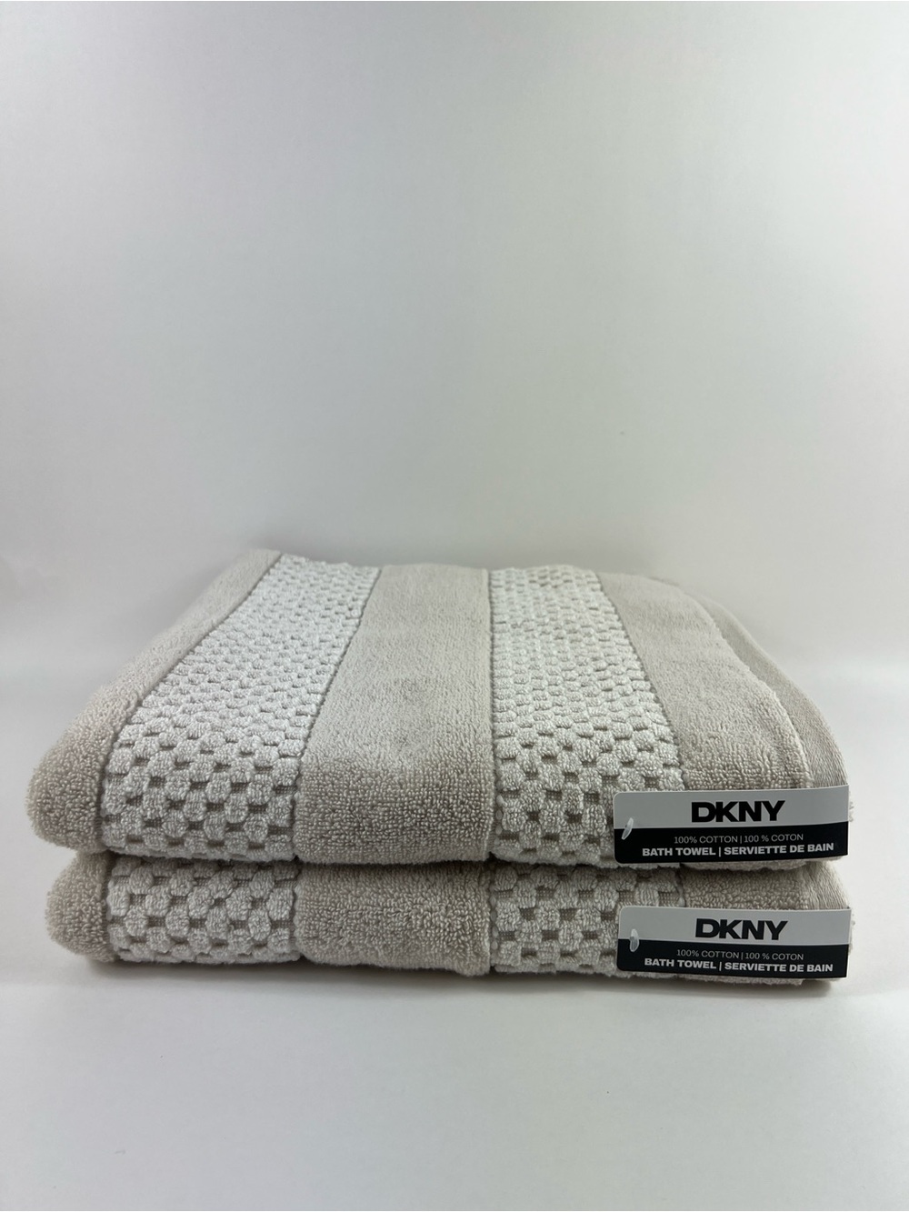 DKNY Bath Towels Tan White Textured Soft Plush 100% Cotton 2 Pc Set NEW